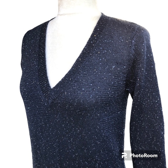 Neiman Marcus Sequin Cashmere Wool Silk Knit Navy Blue V Neck Sweater Women’s - Picture 1 of 12
